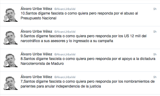 Trinos del ex-Presidente Uribe contra Presidente Santos