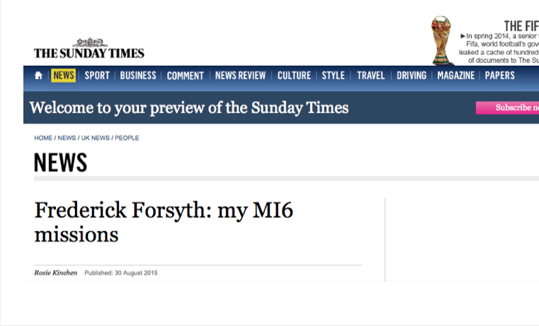 Frederick Forsyth, escritor inglés, confiesa haber espiado para el MI6
