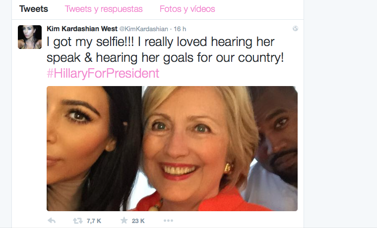 “¡Hillary presidente!”, exclama Kim Kardashian en las redes sociales
