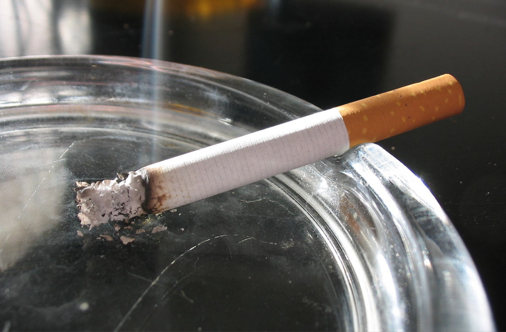 Un cigarrillo encendido en un cenicero de cristal. Wikimedia Commons. Por: Tomasz Sienicki, 2005. CC BY-SA 3.0